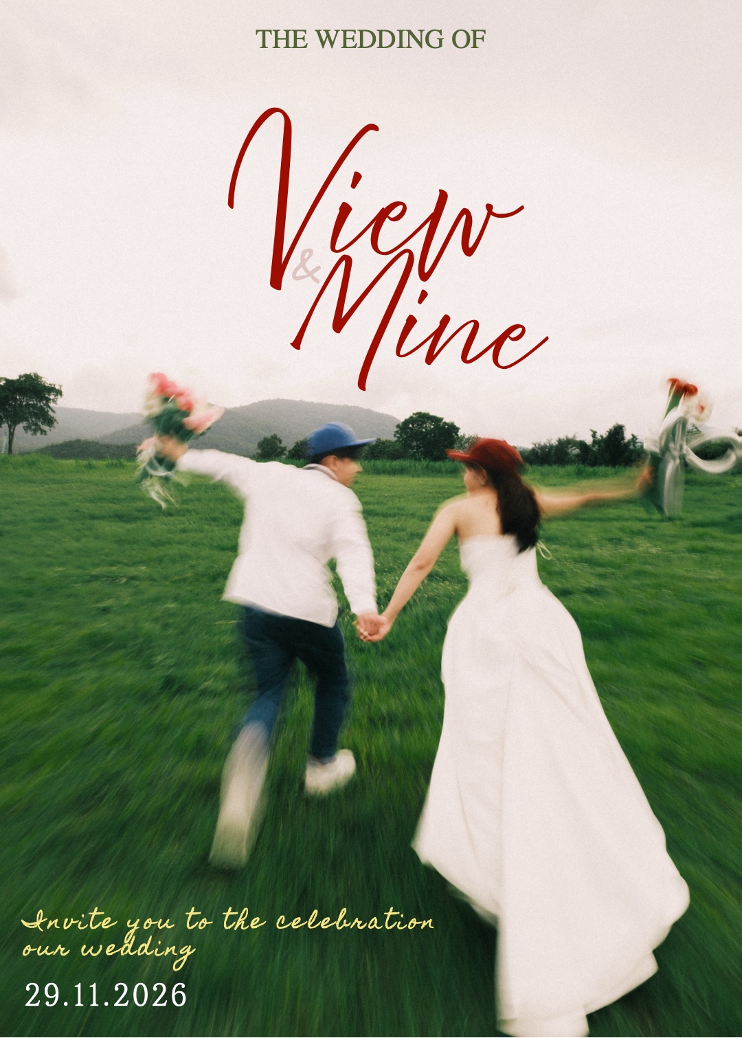 ปกการ์ดแบบที่ 2: The Wedding of View and Mine ภาพคู่รักวิ่งจูงมือกลางทุ่งหญ้า